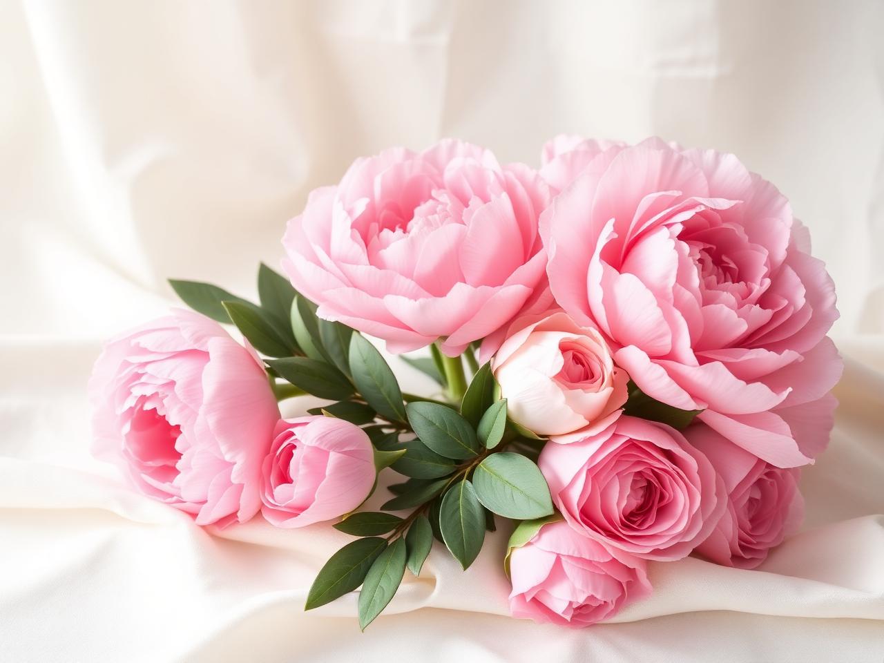 Soft pink peonies arranged on cream linen
